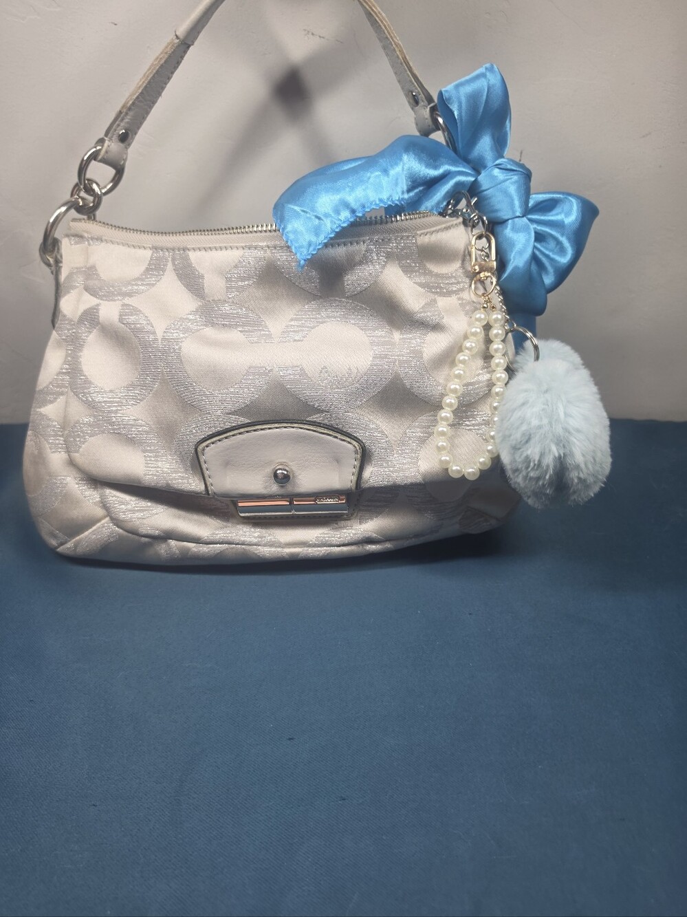 Coach Light Silver-White Shoulder Crossbody Bag with Blue Bow Charm